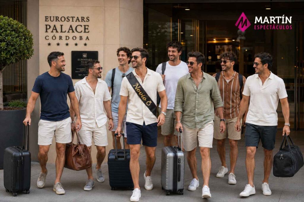 Grupo de chicos abandonando el hotel en el que han estado hospedados en Córdoba durante su despedida de soltero
