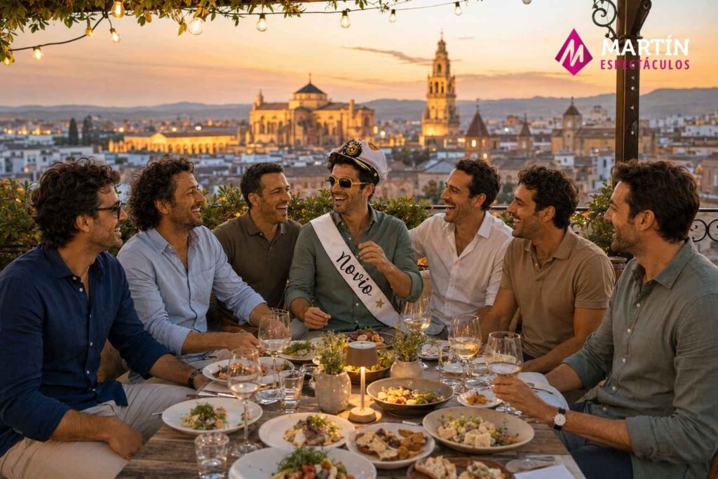 Grupo de chicos cenando en la terraza de un restaurante en Córdoba y están celebrando su despedida de soltero